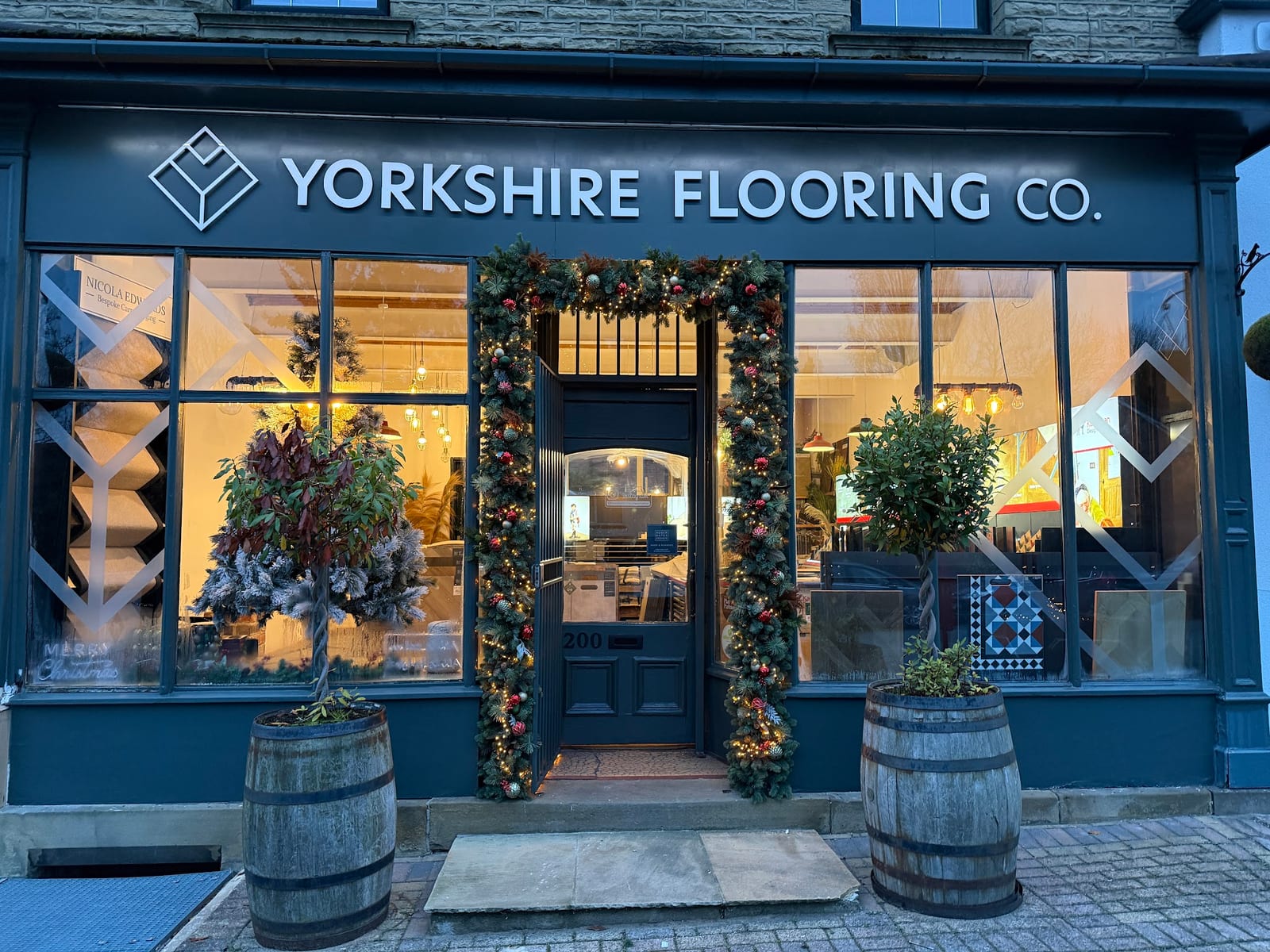 Yorkshire Flooring Co. showroom at number 200 Low Lane, photographed with festive decorations